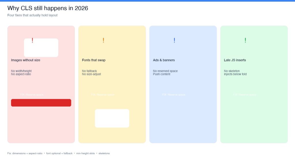 How to Fix CLS in 2026: Stop Layout Shifts for Good CLS root causes diagram: reserved space fixes
