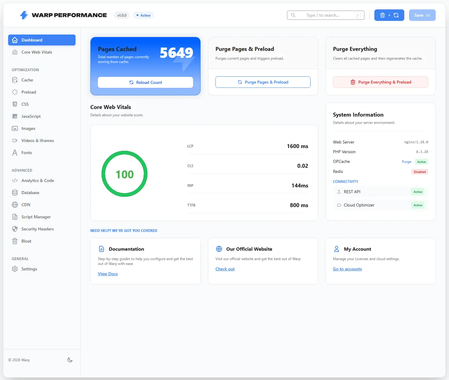warp dashboard screenshot